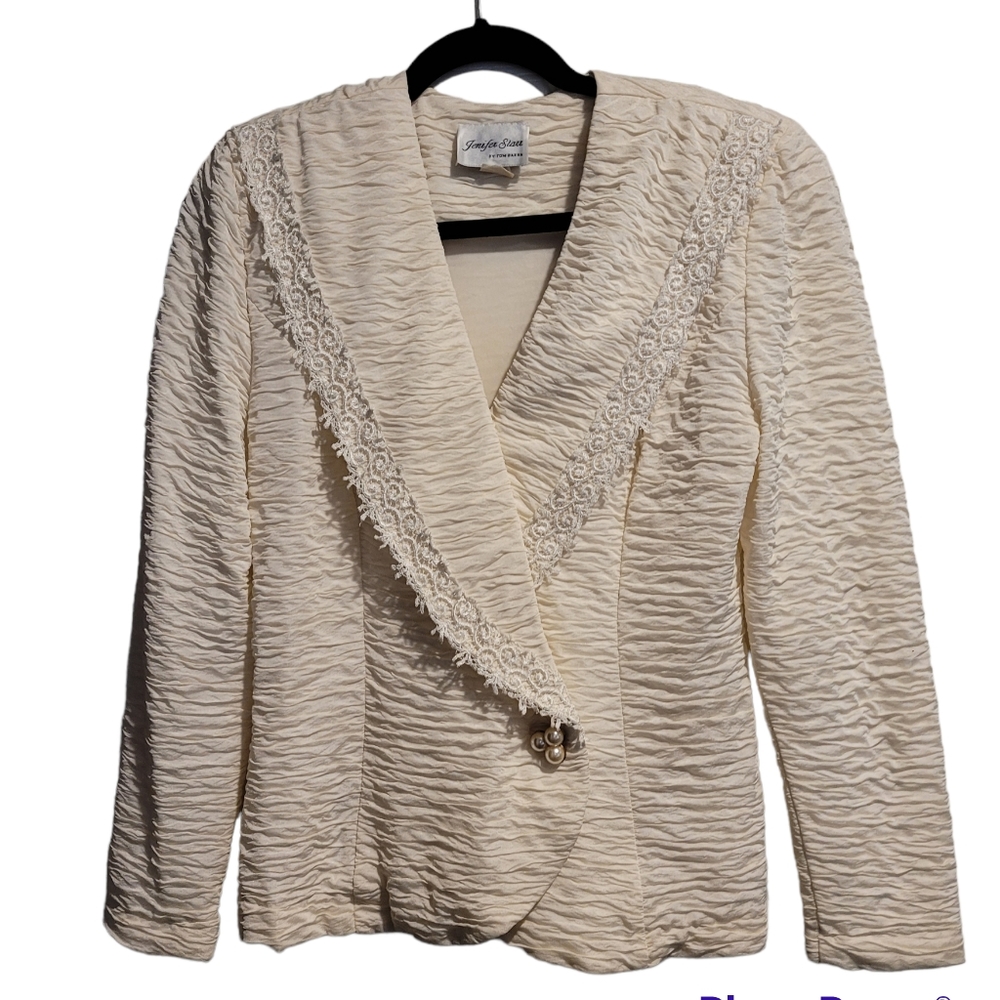 Vintage Cream Blazer Crinkle Lace Pearl Button vtg Size 12 Medium* Suit Jacket